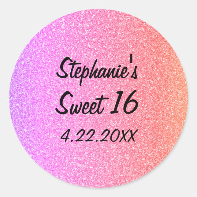 Sticker Rond Sweet sixteen 16ème Glittery rose fête d'anniversa (Devant)