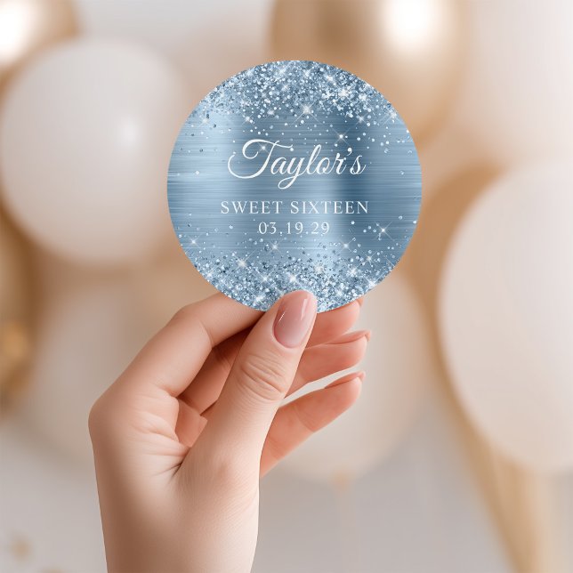 Sticker Rond Sweet sixteen à huile bleu clair (Glittery Light Blue Foil Sweet Sixteen Classic Round Sticker)