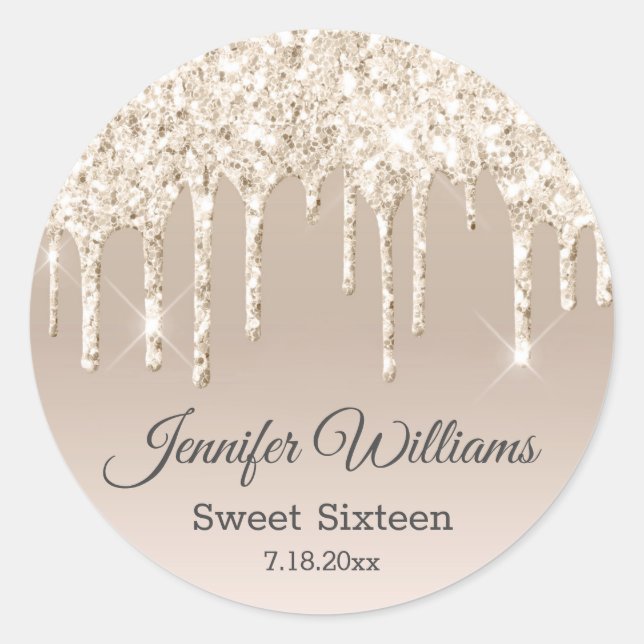 Sticker Rond sweet sixteen champagne parties scintillant à gout (Devant)