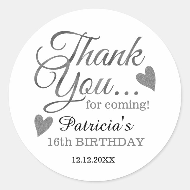 Sticker Rond Sweet sixteen d'argent 16e anniversaire Merci (Devant)