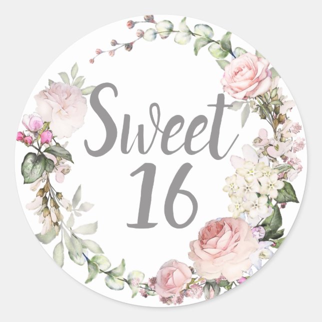 Sticker Rond Sweet sixteen floral rose pâle (Devant)