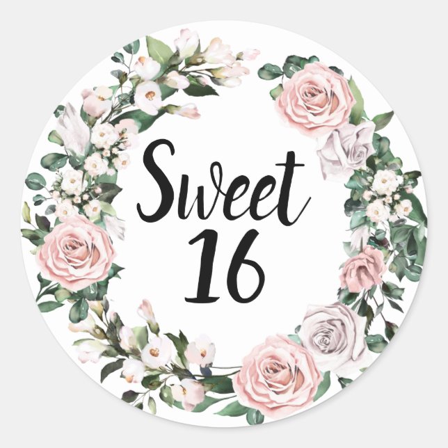 Sticker Rond Sweet sixteen Floral Rose rose pâle (Devant)