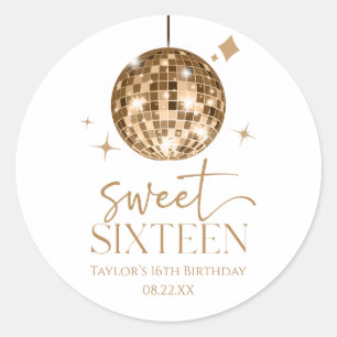 Sticker Rond Sweet sixteen Gold Disco Ball 16e fête d'anniversa