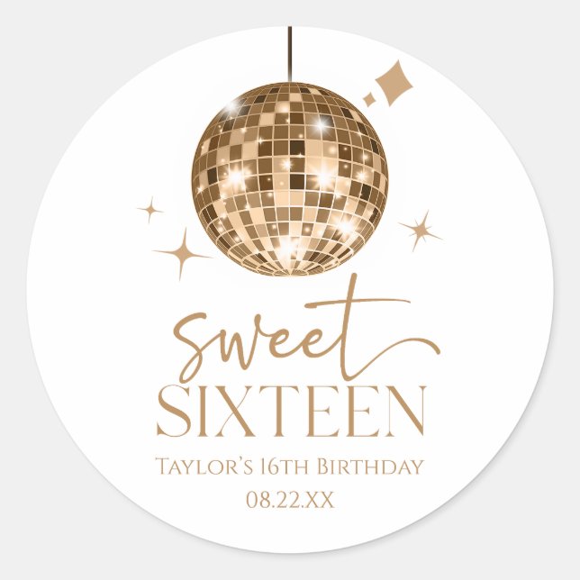 Sticker Rond Sweet sixteen Gold Disco Ball 16e fête d'anniversa (Devant)