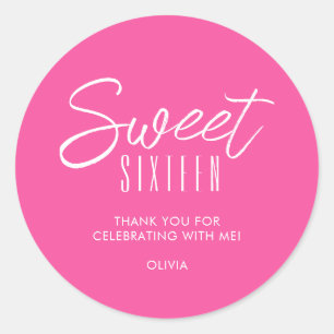 Sticker Rond Sweet sixteen moderne hot rose filles 16e merci