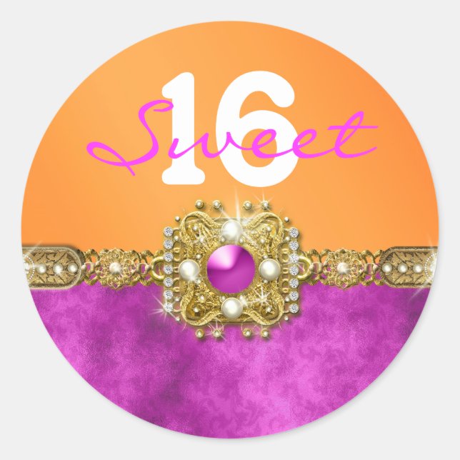Sticker Rond "sweet sixteen" orange rose 16 ans (Devant)
