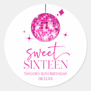 Sticker Rond Sweet sixteen Pink Disco Ball 16e fête d'anniversa