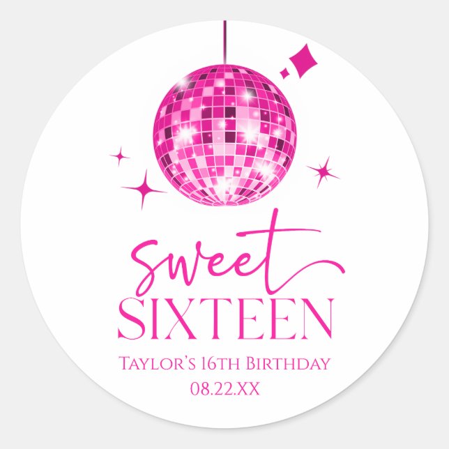 Sticker Rond Sweet sixteen Pink Disco Ball 16e fête d'anniversa (Devant)