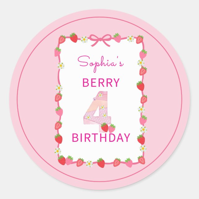 Sticker Rond Sweet Strawberry 4e invitation anniversaire (Devant)