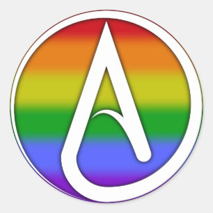 Sticker Rond Symbole athée blanc sur arc-en-ciel