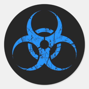 Sticker Rond Symbole bleu rayé de Biohazard sur le noir