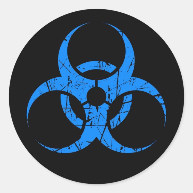 Sticker Rond Symbole bleu rayé de Biohazard sur le noir (Devant)