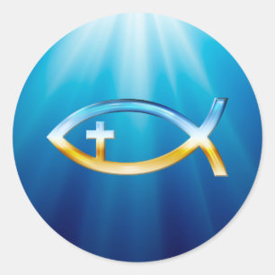 Sticker Rond Symbole chrétien de poissons avec le crucifix -