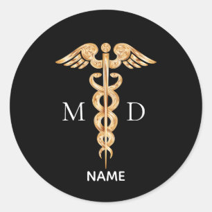 Sticker Rond Symbole de caducée doré et monogramme de médecin C