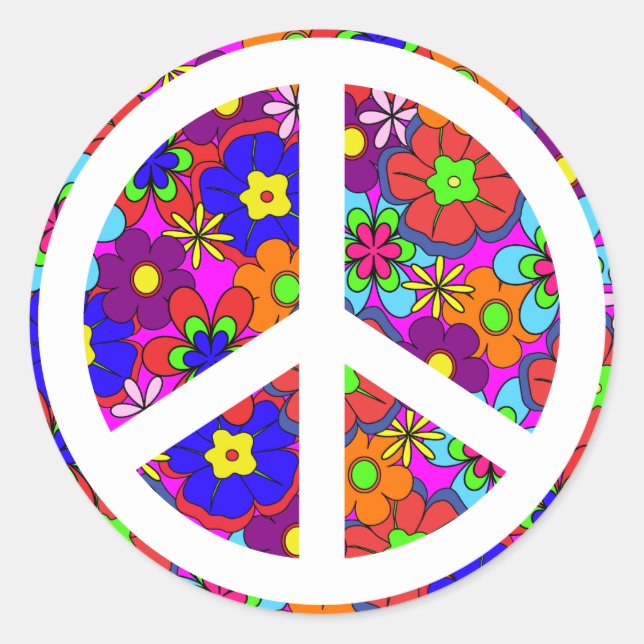 Sticker Rond SYMBOLE DE LA PAIX Fleurs Hippy Rétro (Devant)