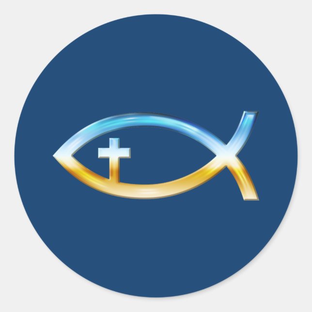 Sticker Rond Symbole de poisson chrétien avec Crucifix - Ciel & (Devant)