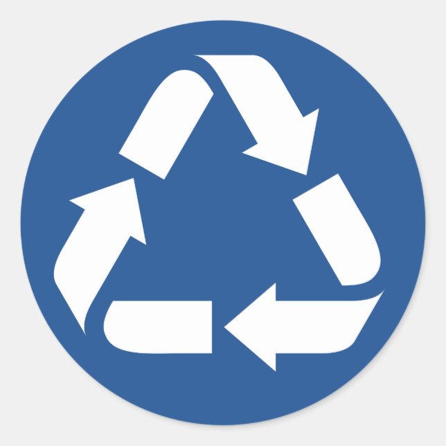 Sticker Rond Symbole de recyclage blanc sur arrière - plan bleu (Devant)