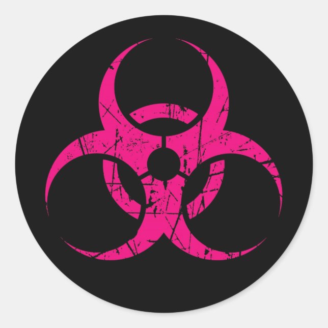 Sticker Rond Symbole de risque biologique rose rayé sur noir (Devant)