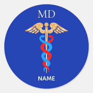 Sticker Rond Symbole du caducée et monogramme de médecin classi