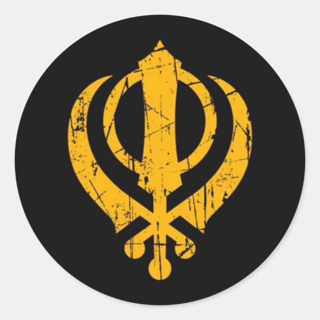 Sticker Rond SYMBOLE Jaune Schikh Khanda Scratché sur Noir (Devant)