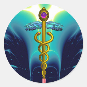 Sticker Rond SYMBOLE Médicale GOLDEN CADUCEUS Bleu Turquoise v