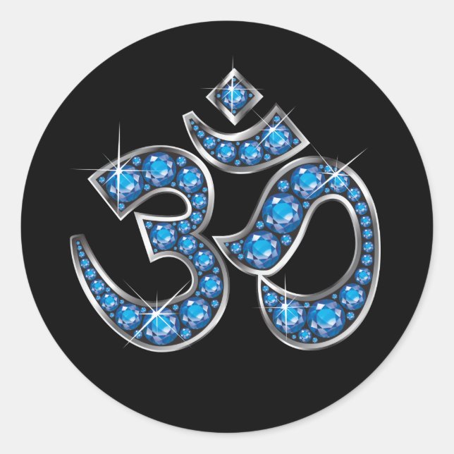 Sticker Rond Symbole Om avec Pierres "Aquamarine" (Devant)