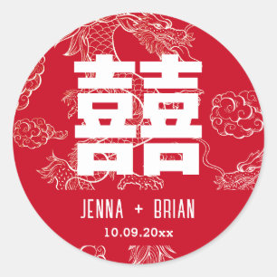 Sticker Rond Symbole style Dragon Double Bonheur Rouge