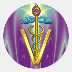 Sticker Rond SYMBOLE VÉTÉRINAIRE D'OR CADUCUS Vert pourpre