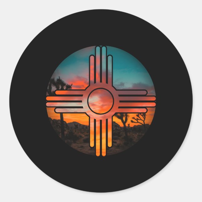 Sticker Rond Symbole Zia du Nouveau-Mexique et paysage (Devant)
