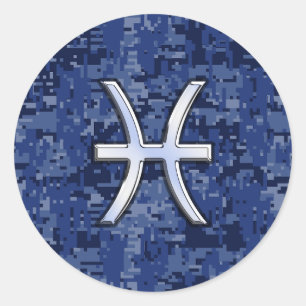Sticker Rond Symbole Zodiaque Pisces sur Camo numérique bleu ma
