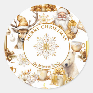Sticker Rond Symboles de Noël or et blanc