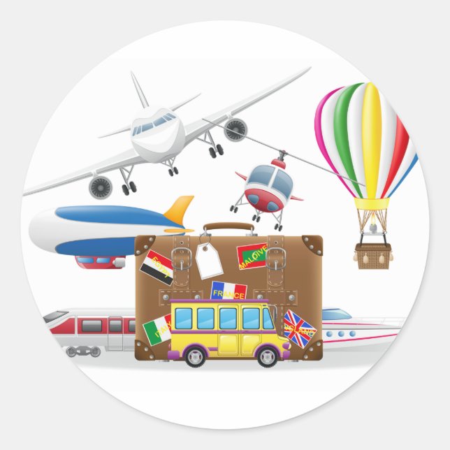 Sticker Rond Symboles de transport de voyage (Devant)