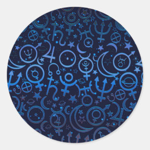 Sticker Rond Symboles planétaires bleus Univers mystique Planèt