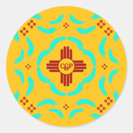 Sticker Rond Symboles Red Zia Nouveau-Mexique Plumes turquoise