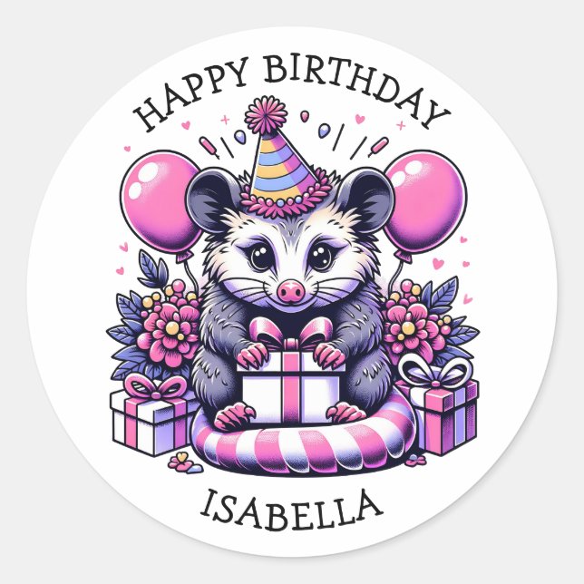 Sticker Rond Sympa Possum Personnalisé Fête d'Anniversaire (Devant)