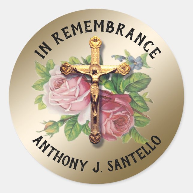 Sticker Rond Sympathie funéraire catholique Roses crucifix (Devant)