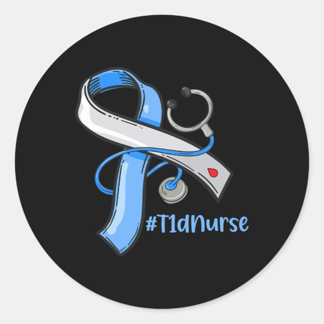Sticker Rond T1d Infirmière Bleu Ruban Stethoscope Diabète (Devant)