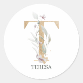 Sticker Rond T Monogramme Floral Personnalisé
