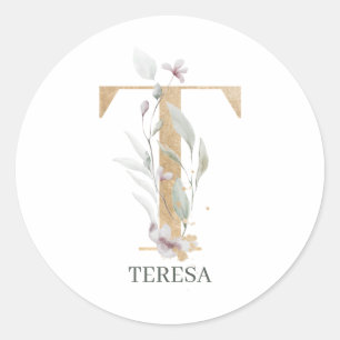 Sticker Rond T Monogramme Floral Personnalisé