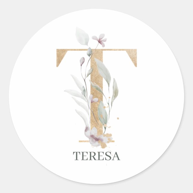 Sticker Rond T Monogramme Floral Personnalisé (Devant)