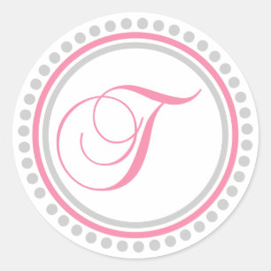 Sticker Rond T Monogramme (rose / cercle de points d'argent)