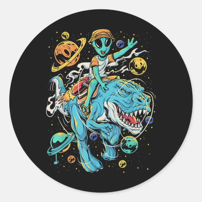 Sticker Rond T-Rex dans l'espace extra-atmosphérique Alien équi (Devant)