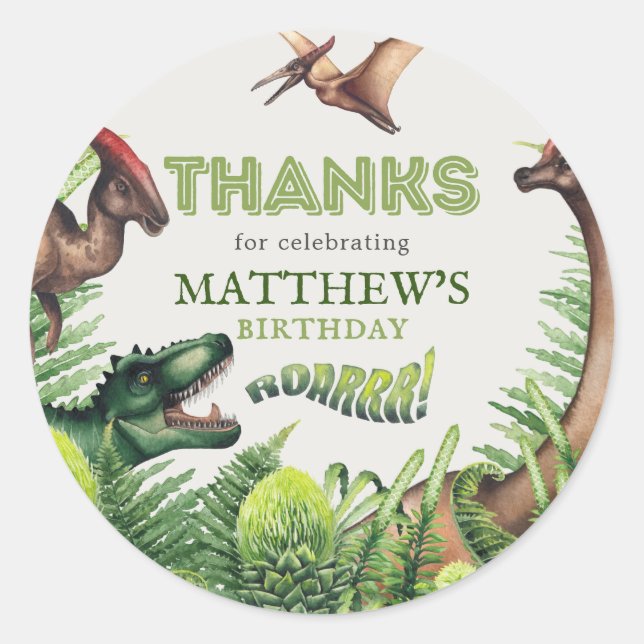Sticker Rond T-Rex Dinosaur Merci de fête d'anniversaire (Devant)