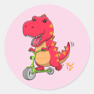 Sticker Rond T-rex Dinosaur Monter Un Scooter