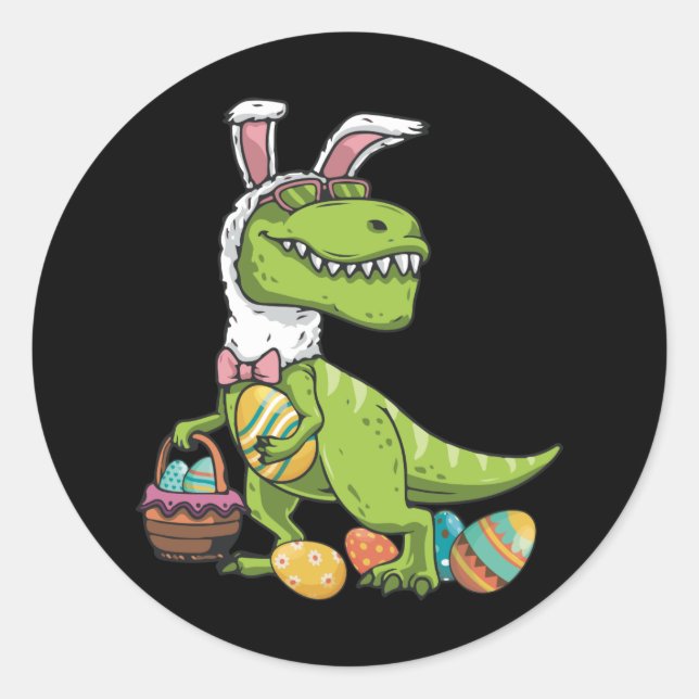 Sticker Rond T Rex Lapin de Pâques Dinosaure Garçons Panier Stu (Devant)