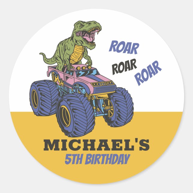 Sticker Rond T-Rex Monster Truck Dinosaur Anniversaire de enfan (Devant)