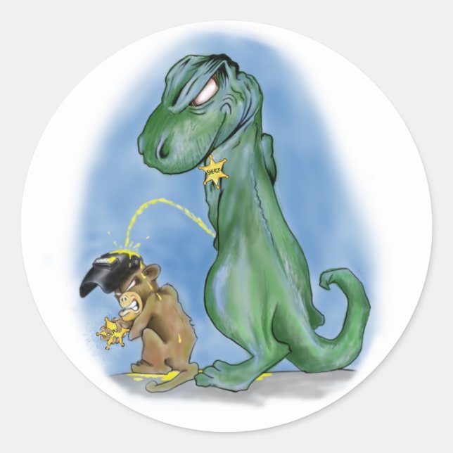 Sticker Rond T-rex pipi sur un singe (Devant)