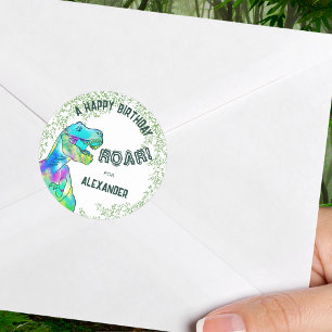 Sticker Rond T-Rex Roar Dinosaur fête d'anniversaire