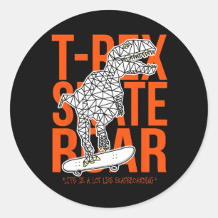 Sticker Rond T-rex Skate Rugissement Dessin Drôle de Dinosaure 