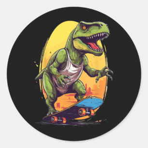 Sticker Rond T-rex Skateur - Planche à roulettes Skateboardeur 